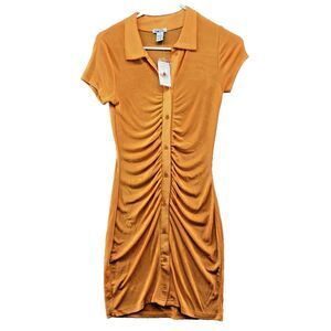 Rue21 Dress Women Young Adult M Orange Short Sleeve Button Up Knee Length New